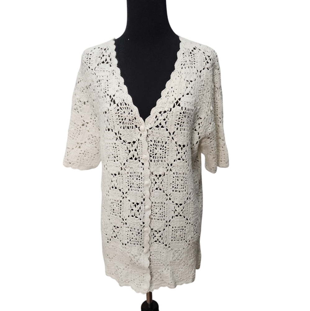 Vintage Laura Scott White Crochet Short Sleeve Button Front Sweater Size Large
